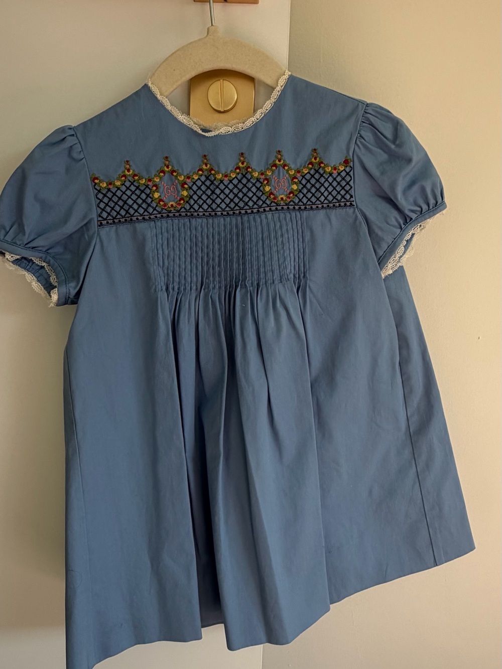 Gucci Light Blue Smocked Girls' Dress with Crown Embroidery